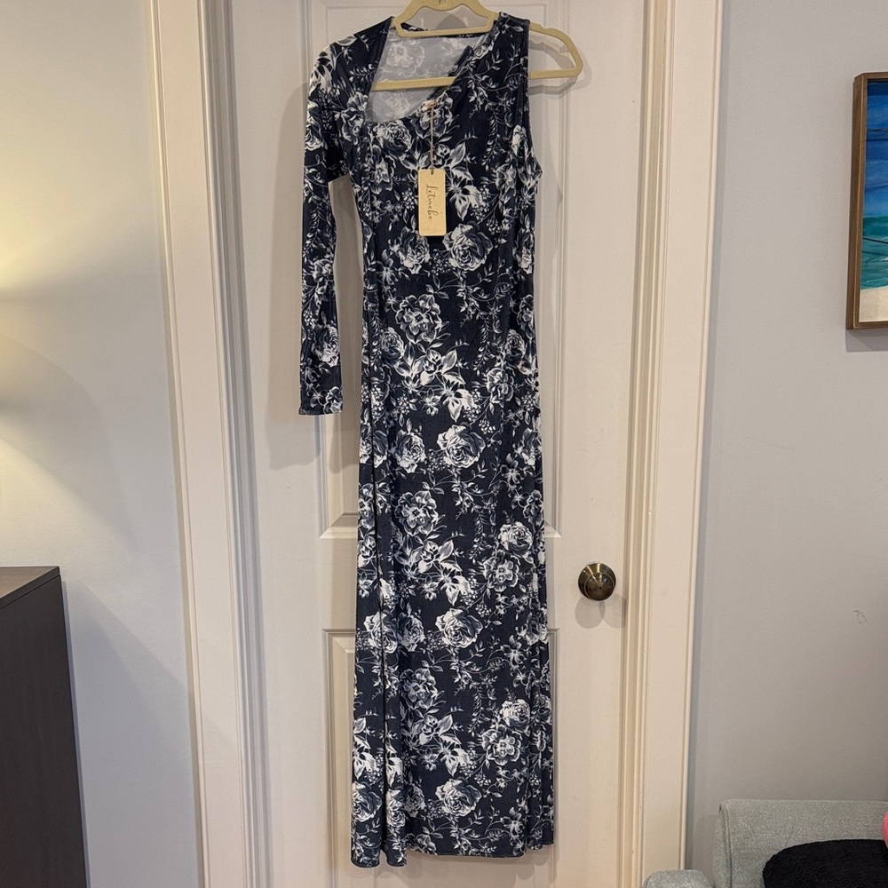 Floral Asymmetrical Maxi Dress - Navy & White
